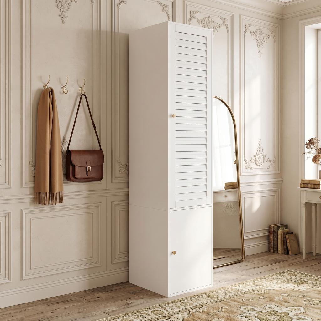 Single-door wardrobe, with slatted door, 1 clothes rail and 3 storage compartments, 45 x 50 x 200 cm, for bedroom, bathroom and children's room