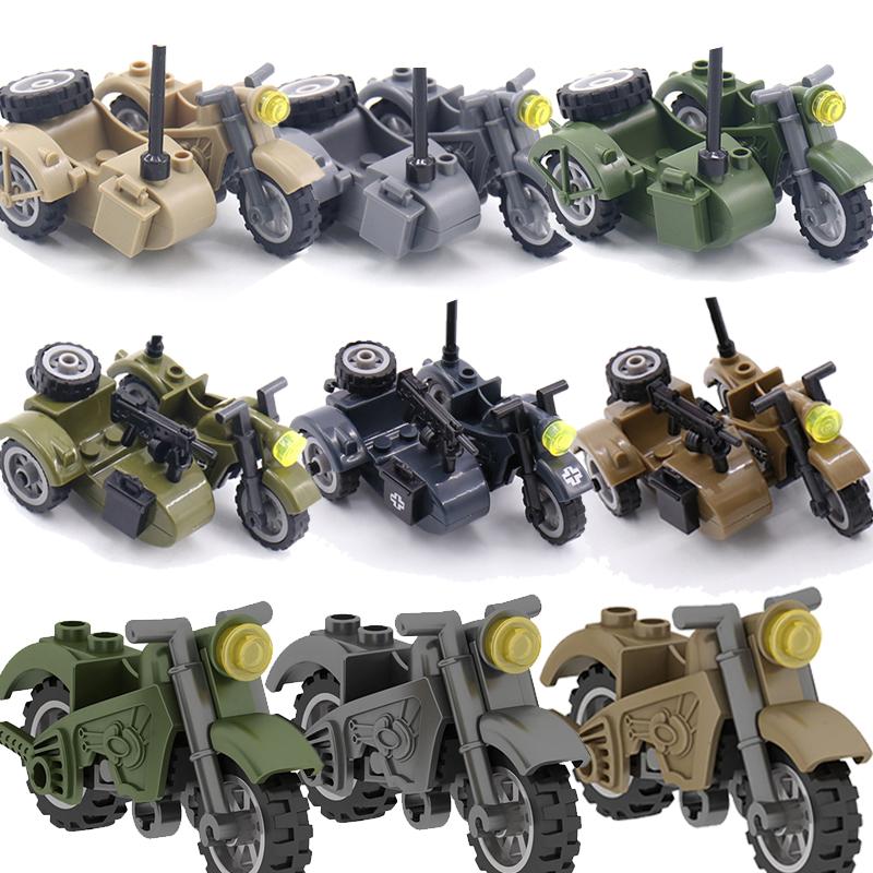 Военные WW2 Moto Three Rounds Мотоцикл Транспортное средство Инструмент Автомобиль Армия Фигурки Аксессуары Строительные блоки Игрушки Для детей Наборы MOC