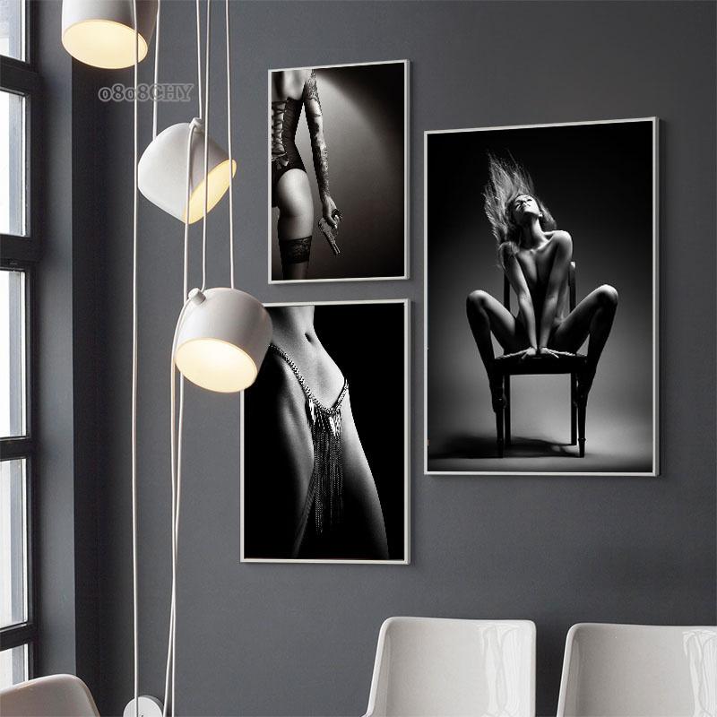 Современная мода, сексуальная женщина, боди-арт, холст, картина, черно-белые постеры с персонажами, принт, холст, настенное искусство для декора гостиной