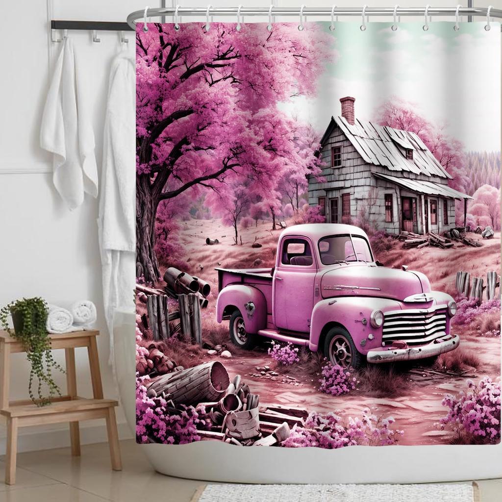 Pink Truck Rose Shower Curtain Car With Pink Flower Floral Fabric Shower Curtains Fashion Woman Girl Shower Curtin Bathroom