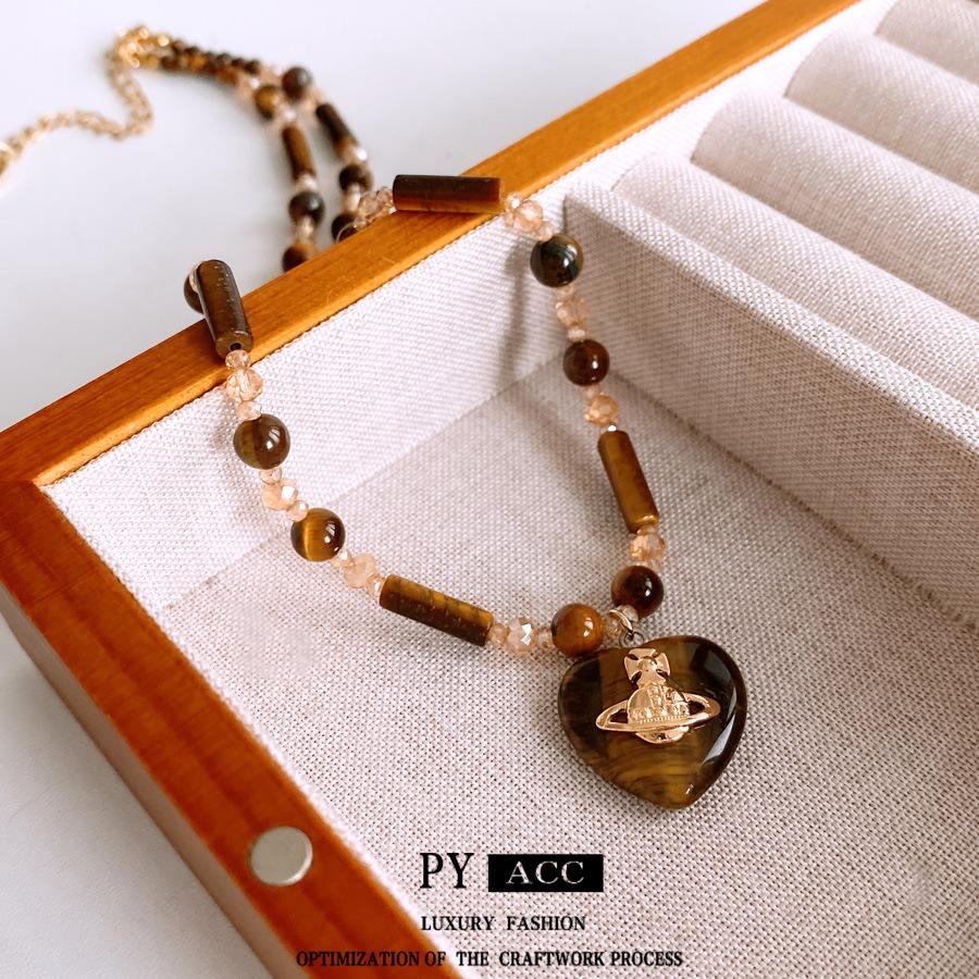 Maillard Ожерелье с подвеской в виде сердца из камня Тигровый глаз, премиальная цепочка для свитера в стиле легкой роскоши, ретро, универсальное ожерелье для женщин