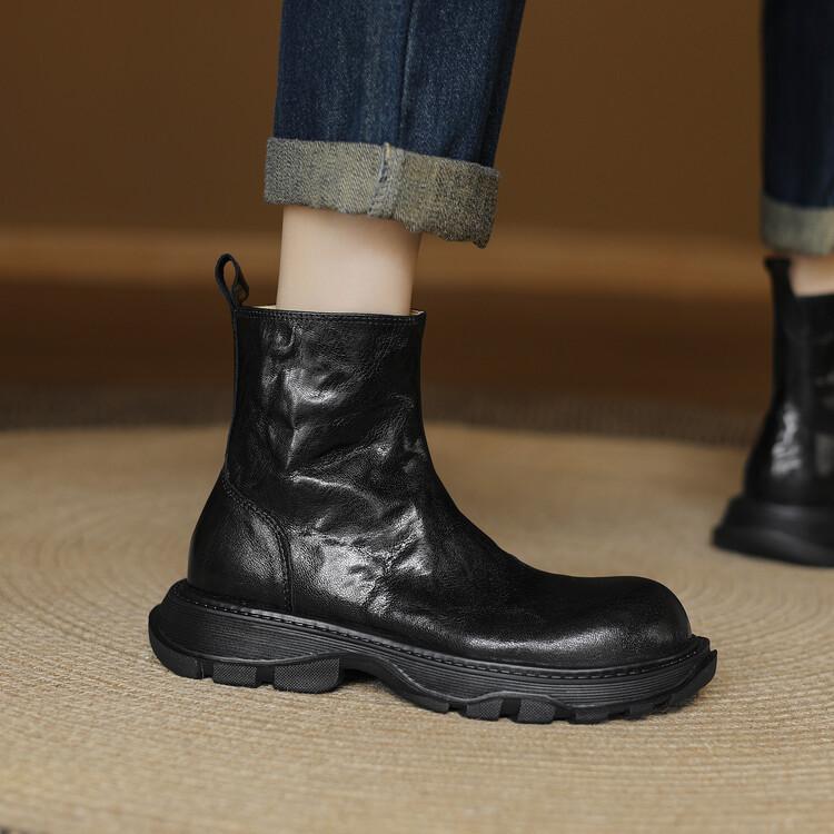 Мода Новая Осень Зима Натуральная Кожа Женские Сапоги Модные Сапоги Челси для Женщин Круглый Носок Короткие Сапоги Обувь на Платформе Ботильоны Женские