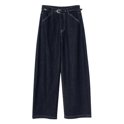 Темно-синие джинсы с высокой посадкой и широкими штанинами для женщин Весенне-летний новый стиль Утягивающие и драпирующиеся Ретро прямые брюки в пол