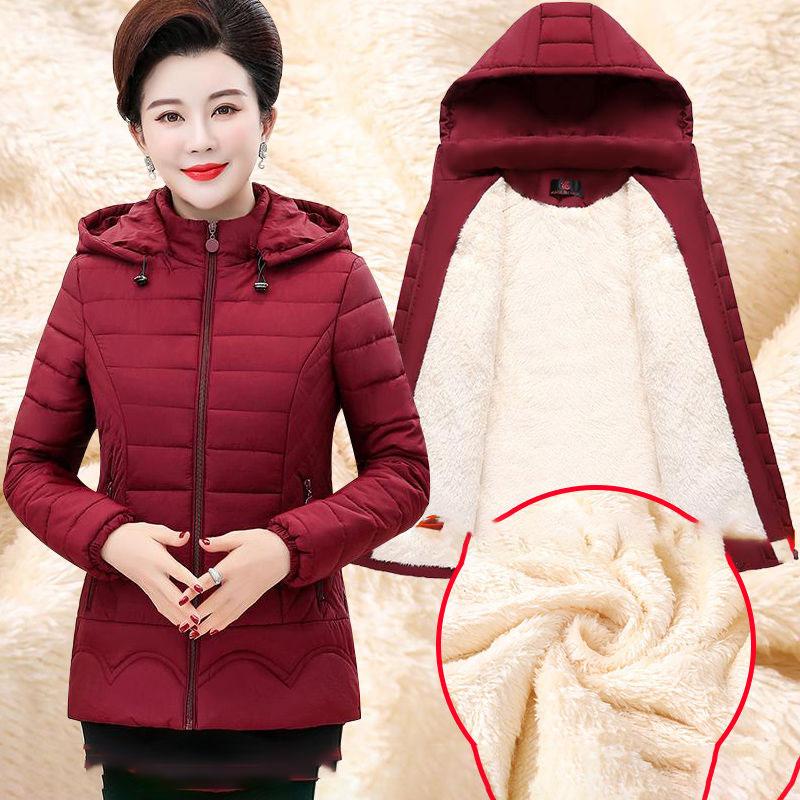 Middle-aged Women's Parkas Basic Jackets Autumn Winter Add Velvet Lamb Hooded Coats Cotton Winter Jacket Womens Mama Overcoat