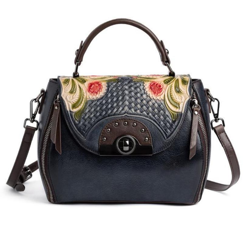 Johnature Retro Embossed First Layer Cow Leather Women Bag Handmade Floral Hasp Handbag Leisure Shoulder Messenger Bags