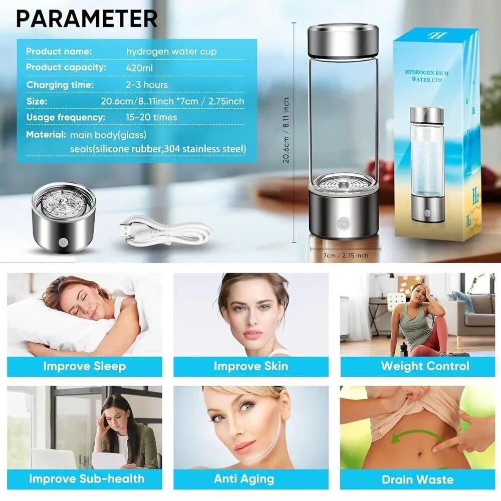 Чашка для водородной воды Генератор водорода для чашки для воды Фильтр-ионизатор Производитель богатой водородом воды Портативная суперантиоксиданты ОВП Водородная бутылка 420 мл