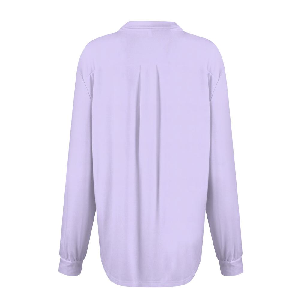 Women's Loose Casual Solid Color V-Neck Long Sleeve Neckline With Pocket Waist Shirt Tops