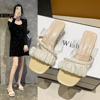 Модные современные тапочки на среднем каблуке с квадратным каблуком, однотонные женские туфли для взрослых, 2024 г., высококачественные сексуальные женские тапочки с бисером и цепочкой, Chinelos