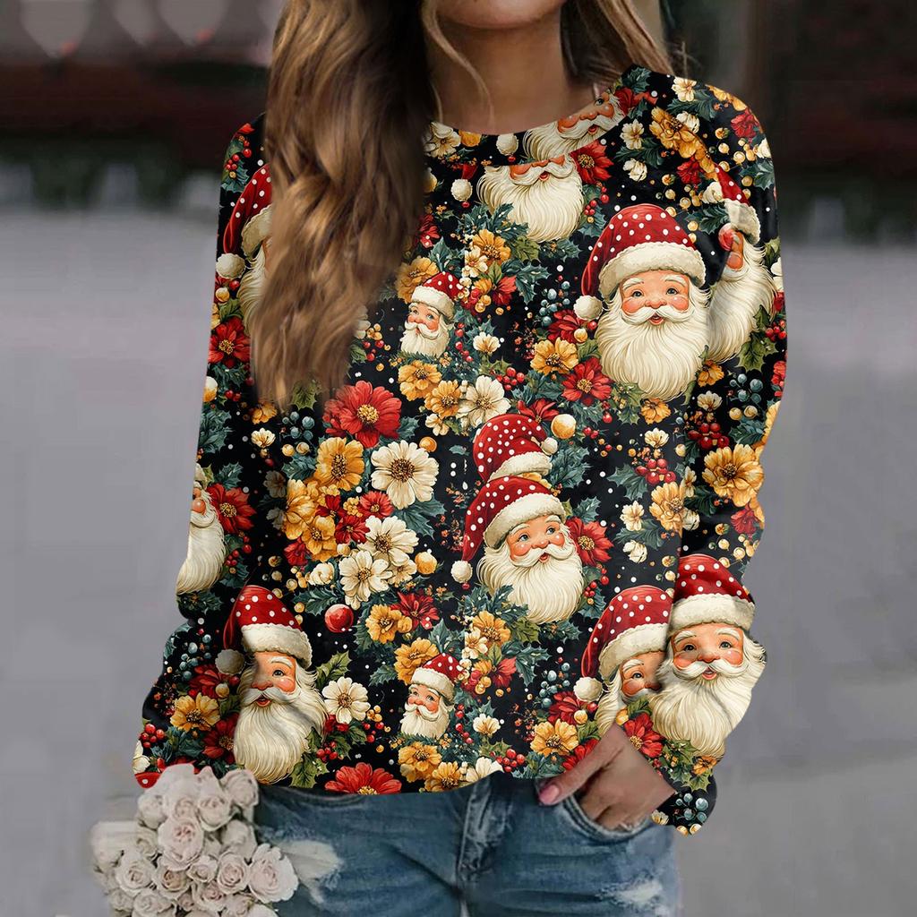 Женский повседневный модный рождественский принт с длинным рукавом и круглым вырезом, пуловер, топ