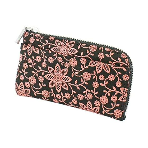 Кошелек для мелочи Inden-ya F-Coin Purse 05, Оленья кожа, Черная основа x Розовая лакировка, Узор 'Клематис', 1005-51-169. Сделано в японии. Размер: 6,5 см x 11 см x