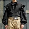 Men Elegant Ruffled Neck Shirts Casual Bow Knot Long Sleeve Tops