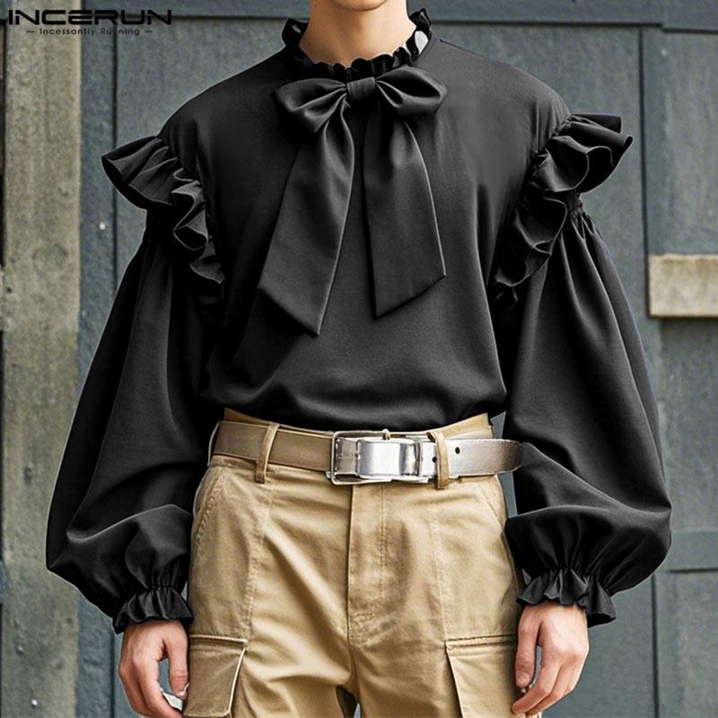 INCERUN Men Elegant Ruffled Neck Shirts Casual Bow Knot Long Sleeve Tops