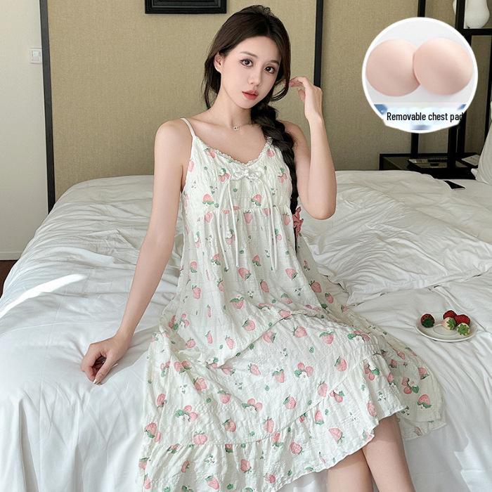Летняя корейская ночная рубашка из тканого крепа с нагрудными подушечками - милая, тонкая, из чистого хлопка для женщин