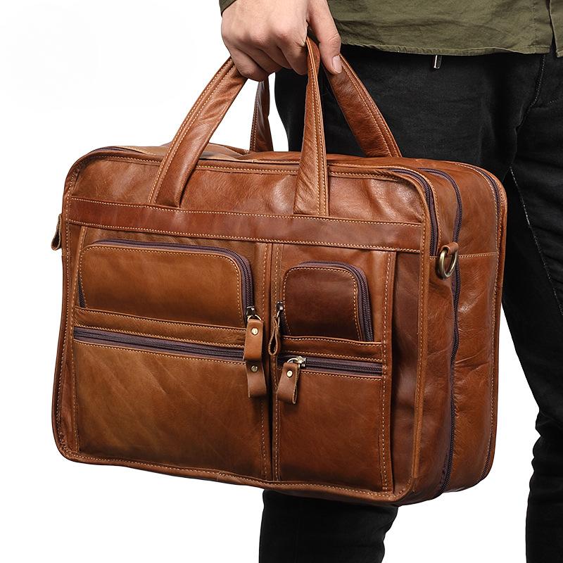 Casual Vintage Genuine Leather Men's Briefcase Business Handbag Crossbody Cowhide Men's Bag