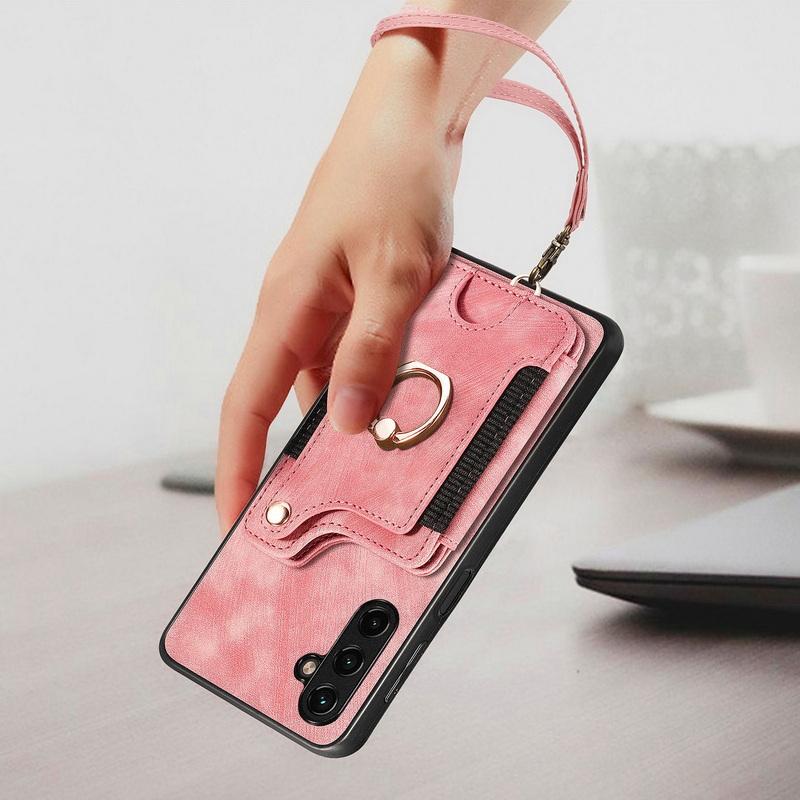 Кожаный магнитный чехол-кармашек для карт для iPhone 17 16 15 14 13 Xiaomi 13T Poco X5 Pro Чехол-подставка с кольцом для Samsung S24 Ultra S23 A54 Google с ремешком на запястье