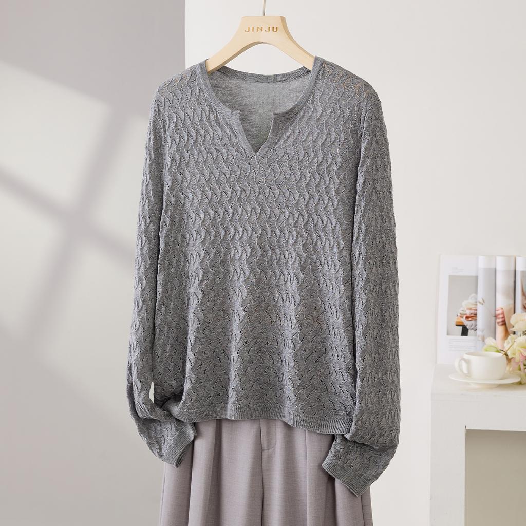 26th Spring Collection Long Sleeve V-neck Wave Pattern Hollow Fashion Exquisite Women's Knitted Sweater