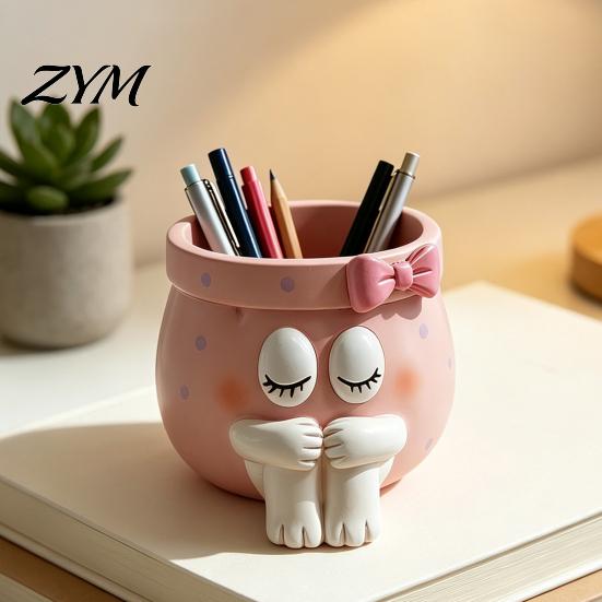 Pink Aesthetic Decor Cute Cartoon Girl Pen Holder, Resin Makeup Brush Decorative Desktop Niche Office Supplies Organizer with Bow Design, Sundries