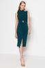 Women's Style Dress Emerald Green Belted Fitted Sleeveless Drape Detailed Midi Flexible Knitted Pencil Dress