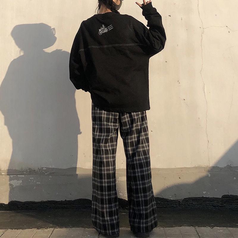 Женские спортивные штаны больших размеров, летние модные черные клетчатые повседневные брюки с эластичной резинкой на талии, повседневные студенческие брюки с карманами