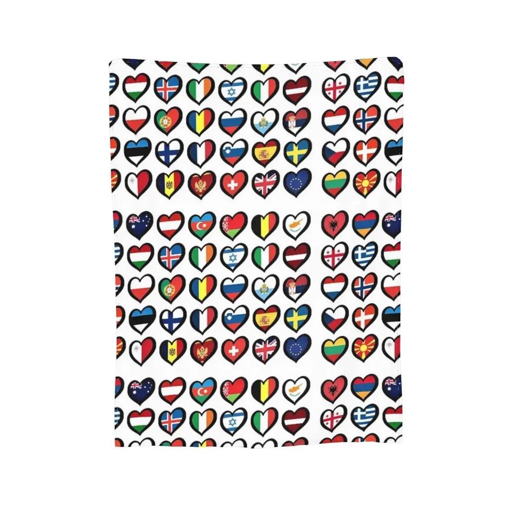 Eurovision Song Contest Flags Hearts Blanket Soft Warm Flannel Throw Blanket Bedspread for Bed Living Room Picnic Travel Home