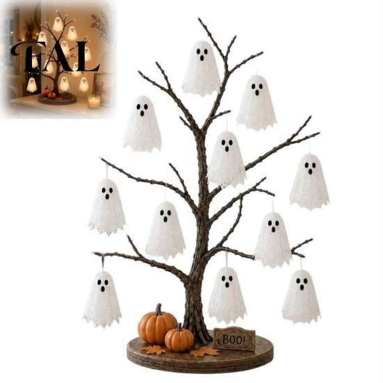 Warm White Spooky Ornament Glowing Ghost Tree Halloween Tabletop Decor, LED Lighted with Backdrop Props for Photography Hanging Ornaments Home,