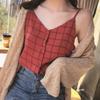 Женская майка-бюстье с регулируемыми бретельками-спагетти, клетчатая майка, модная, с V-образным вырезом и пуговицами
