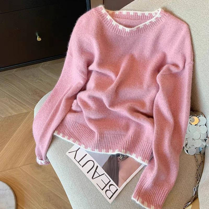 Pink Soft Waxy Pullover Knitted Sweater Women's Autumn and Winter New Design Sense Age Reduction Sweet Temperament Lazy Sweater
