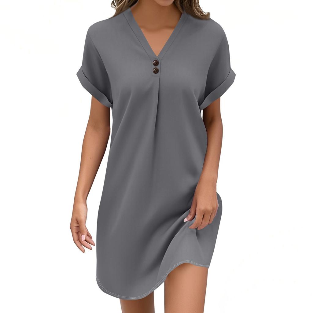 Women's Fashion V-neck Solid Color Pullover Casual Button Dress