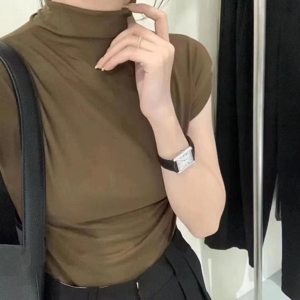 2025 Женская облегающая повседневная футболка с коротким рукавом и высоким воротником