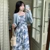 Korean Style Sleeveless Floral Dress & Blue Cardigan Set - Spring/Summer 2025 Collection