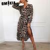 Women's Fashion Summer Spring Leopard Print Long Sleeve V-Neck High Waist Casual Dresses