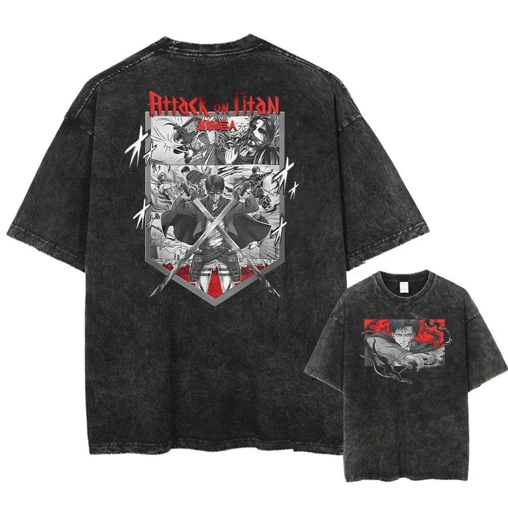 benber Anime Washed T Shirts Attack On Titan Graphic Short Sleeve Breathable DoubleSided Printing Vintage Streetwear Yk T Shirts Men