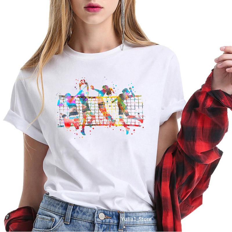 Распродажа Акварельная футболка с принтом волейболисток Женская Люблю спорт Футболки Лето 2025 Топ Женская Белая футболка Смешные футболки