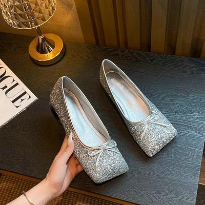 Модные очень блестящие туфли Мэри Джейн с квадратным носком для женщин 2025 бант серебристые одинарные туфли женские балетки универсальные одинарные туфли