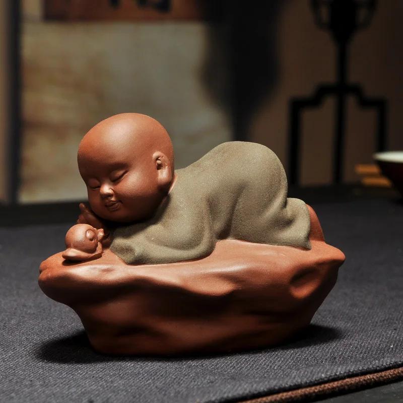 Фиолетовые ornaments в китайском стиле, Маленькие монахи, Ручная работа, Керамическая кукла Шами, Креативные маленькие украшения для стола, Декор для дома, Чайный питомец