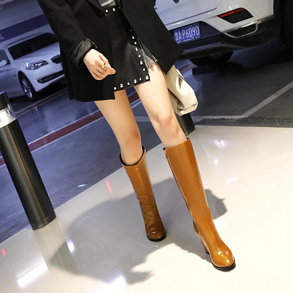 Женские сапоги на высоком каблуке, модный темперамент, осенне-зимние новые сапоги большого размера на толстом каблуке, однотонные, среднего размера