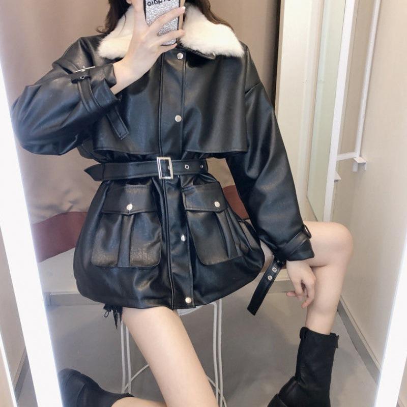 Leather Jacket Women's Mid-length Winter New Korean Style Loose Cotton Jacket Plus Velvet Thickened Motorcycle Popular PU Leather Jacket