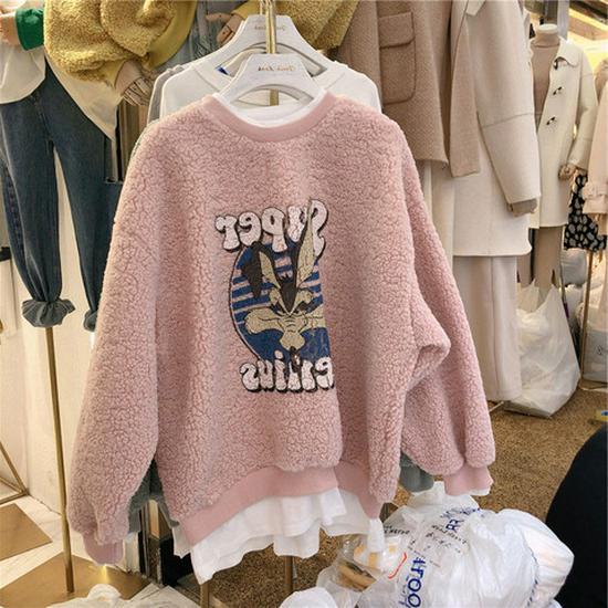 Женский свитер из овчины осень/зима 2024 года: Корейский стиль, плюс бархат, модный и свободный крой