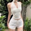 Summer Women's Solid-Colour Sexy Halterneck Fishbone-Style Crop Top