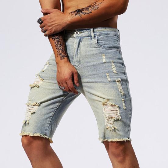 Men Denim Shorts Straight Tapered Legs Ripped Holes Design Knee-Length Shorts Versatile