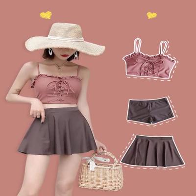 Японский стиль, дамы, милая мода, комплект из 3 предметов, однотонный купальник, мягкий топ с рюшами на шнуровке, шорты для мальчиков, юбка, купальник, скромный купальный костюм из горячих источников