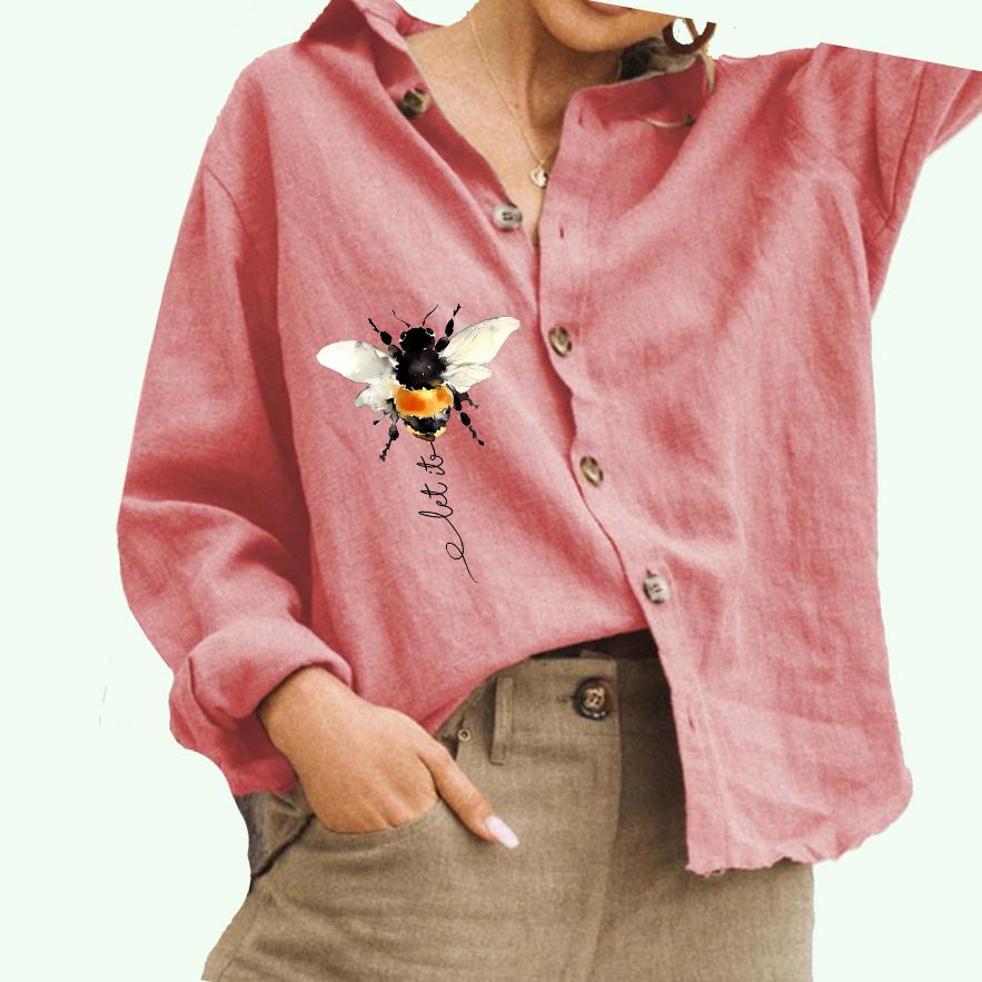 Женская модная блузка с воротником-лацканом, женская повседневная рубашка из хлопка и льна с принтом на пуговицах