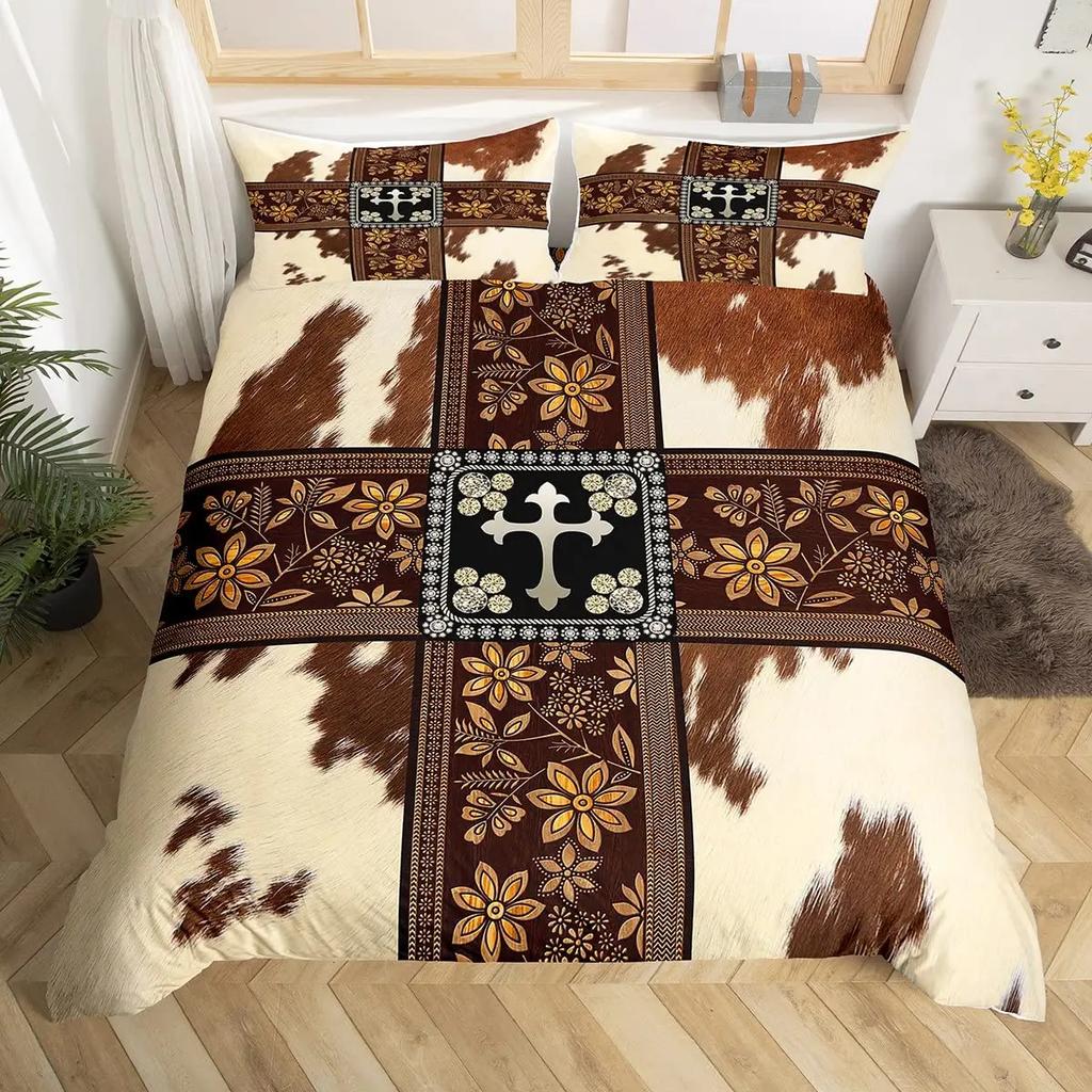 Пододеяльник с коровьим принтом Queen Vintage Floral Комплект постельного белья для девочек, мальчиков, мужчин, в стиле вестерн, фермерское животное, бычья шкура, одеяло
