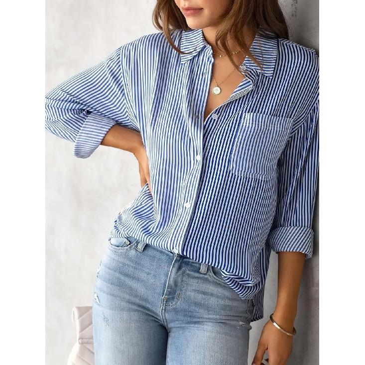 Spring new women's fashion loose striped shirt casual breathable long-sleeve top