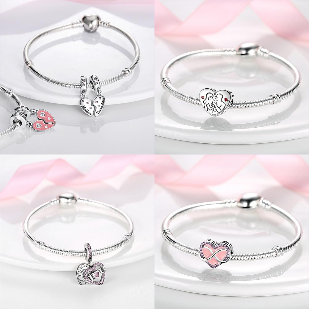 Розовый Шарм Сердце Любви Семьи Оригинальные Медные Бусины Подходят для Браслета Пандора Сделай Сам Сестра Мама Дружба Подвеска Изысканное Подарочное Ювелирное Изделие