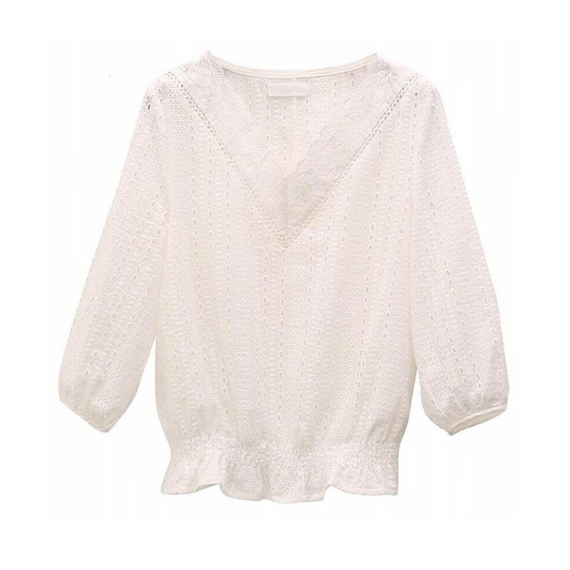 Новая модная кружевная повседневная блузка с v-образным вырезом, женская элегантная свободная белая рубашка с коротким рукавом, однотонная винтажная блузка больших размеров, топы, женская одежда 1088