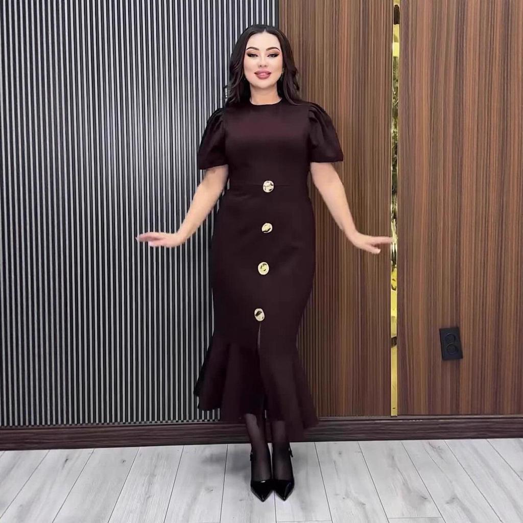 Элегантное платье-рыбка Осень 2025 - Однотонное, С коротким рукавом, Облегающее, С круглым вырезом