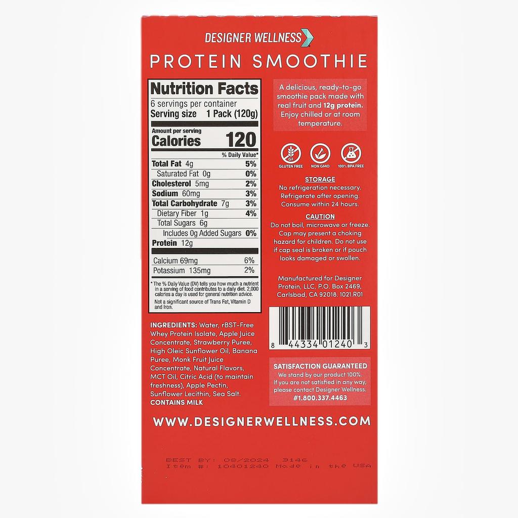Designer Wellness, Protein Smoothie, Strawberry Banana, 12 packs, 120 g (4.2 oz) each