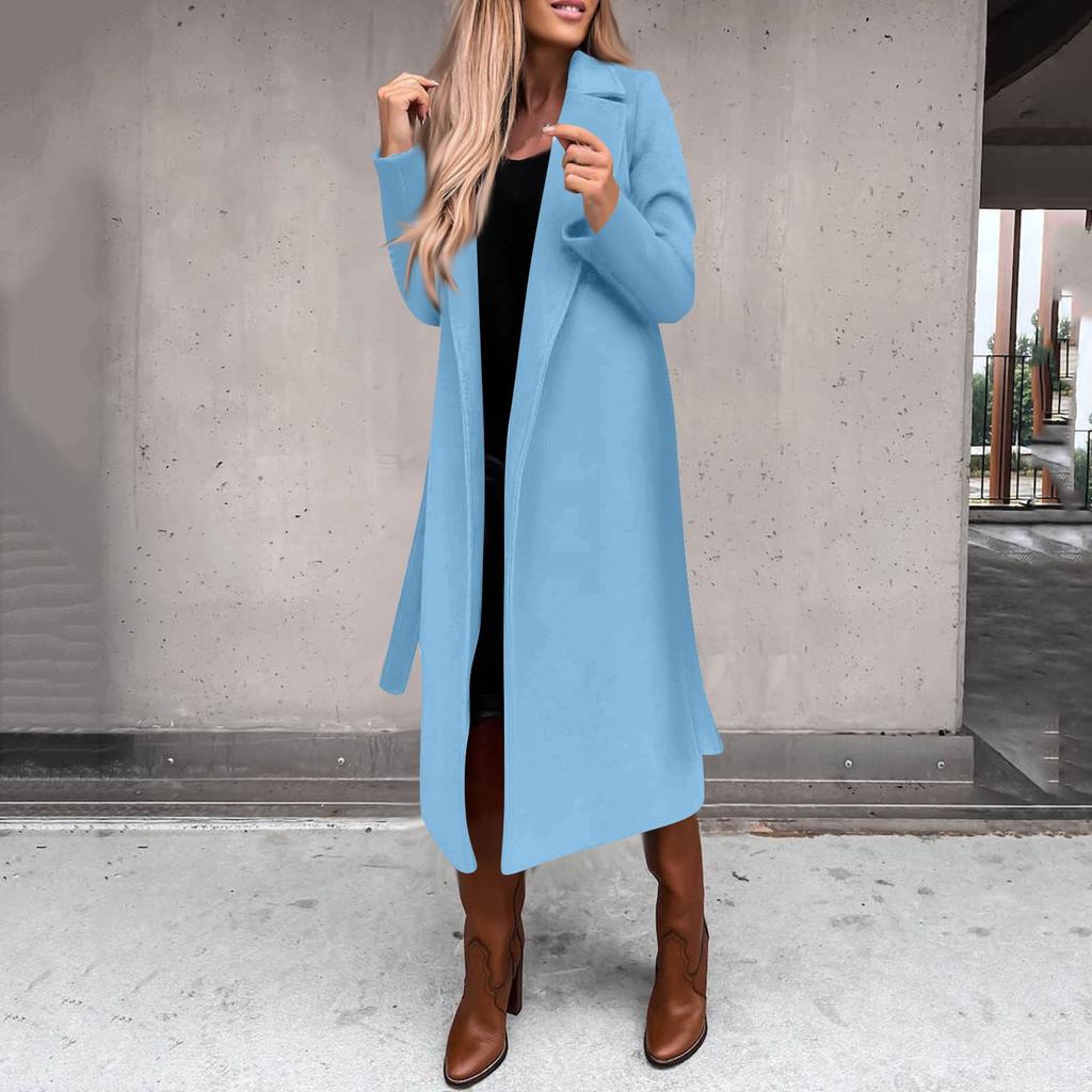 Женское зимнее шерстяное пальто, элегантный плащ с лацканами, однотонная длинная куртка, длинное пальто с рабочим галстуком