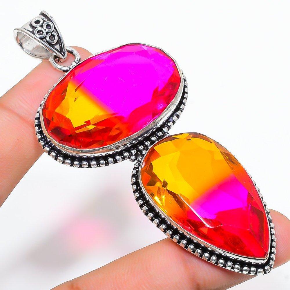Bi-Color Tourmaline Gemstone Handmade 925 Sterling Silver Pendant 3.43" W3z12